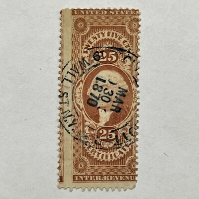 ERROR SHIFT 1870 WALL STREET SON SOTN BULLSEYE CANCEL ON U.S. REVENUE 25c STAMP - Image 1 of 3