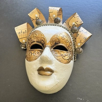 Venetian Jester Joker Paper Mache Mask Gold Cream Hand Painted Repaired - Image 1 of 4
