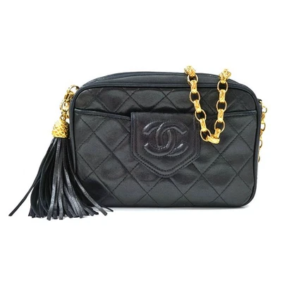 Bolsa de ombro Chanel franja corrente pele de cordeiro preta dourada hardware bolsa de pó #KN542 - Imagem 1 de 4