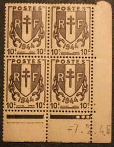Bloc de 4 timbres - FRANCE - Neuf** - Coin daté - YT670 - 1945 - Picture 1 of 1