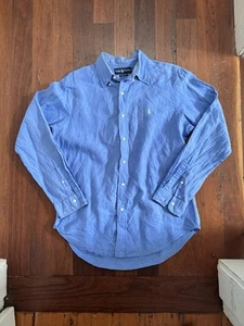Vintage 90s Ralph Lauren Shirt Size M Blue Green Pony Logo Linen Button Up - Picture 1 of 3