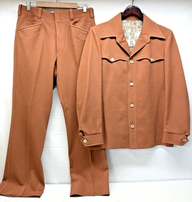 Men's VTG 70s Brown KNACK 2 PC Leisure Wear Suit 1970s Disco Polyester - Image 1 of 4