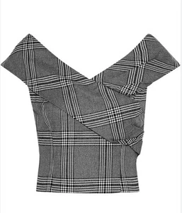ALICE OLIVIA Deandra cropped metallic checked brushed-twill top Black Gray 2 Xs - Picture 1 of 9