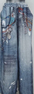 STYLISHE SCHLABBERHOSE WEITE FLIESSENDE SOMMER HOSE JEANS DRUCK MUSTER BLAU - Bild 1 von 3