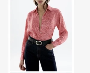 *NEW* Zara Printed Satin Button Down Shirt in Pink, Size S - Picture 1 of 12