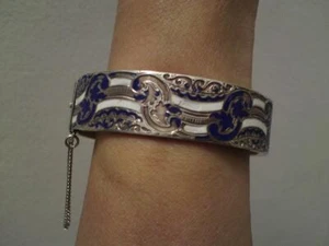 Antikes viktorianisches schottisches Sterlingsilber blau & weiß Emaille Armreifarmband - Bild 1 von 12