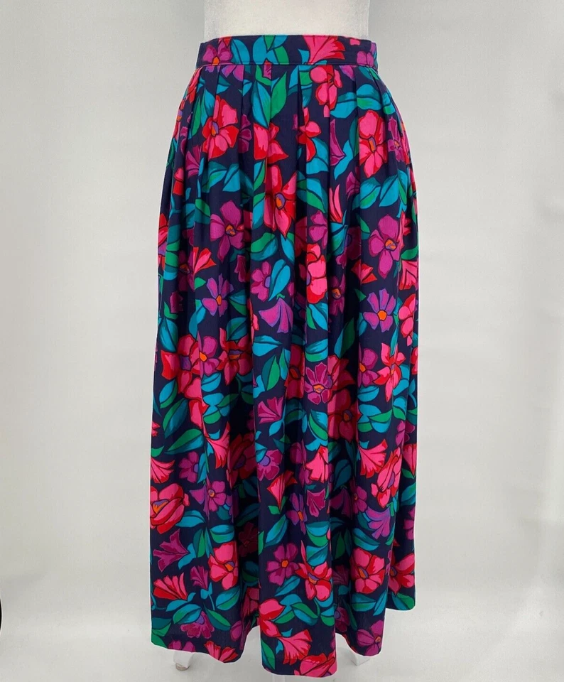 Falda Izod Vintage Años 90 Talla 12 Brillante Floral Plisada Cintura Elástica Midi Resort Foto 1 de 4