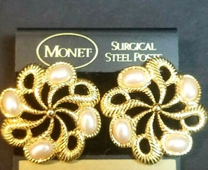 Pendientes Monet Joyería Vintage Oro Filigrana Remolinos Perlas Imitadas Nuevos - Imagen 1 de 5