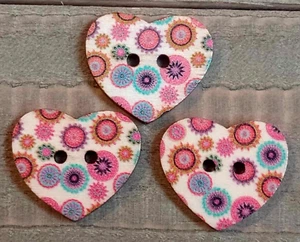 3 Floral Heart Sewing Buttons Crafting Wood 2 Hole 1" - Picture 1 of 2