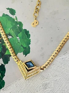 Christian Dior Vintage 1980s Diamond Sapphire Crystals Double Triangle, Necklace - Picture 1 of 12