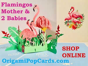 Origami Pop Cards Flamingos Mother & 2 Babies 3D Pop Up Greeting Card 12x17cm. - Picture 1 of 12