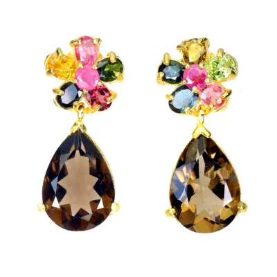 Pendientes de plata de ley 925 pera cuarzo ahumado 14x10 mm rubí turmalina joyería Foto 1 de 4