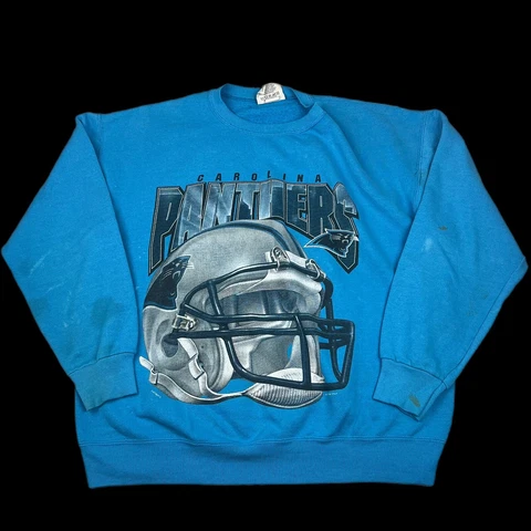 VTG Carolina Panthers  Logo Crewneck Sweatshirt Size L Big Helmet 90s THRASHED Cover
