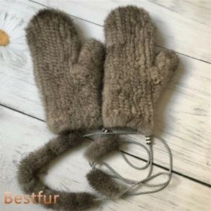 Womens' Double Side Real Mink Fur Gloves Warm Knitted Elastic Mittens W String  - Picture 1 of 4