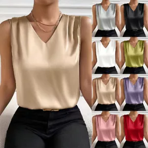Women's V Neck Sleeveless Satin Silk Tops Cami Tee Shirt Blouse Summer Vest Tank - Picture 1 of 35