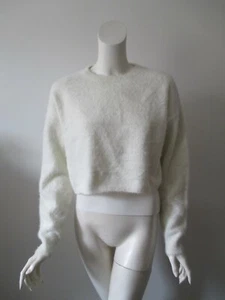 Bardot Off White Ivory Crew Neck Hairy Texture Long Sleeve Cropped Sweater L - Picture 1 of 8