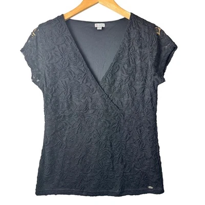 Guess Black Lace Top Women’s XL Wrap Stretch Floral Witchy Romantic Boho Y2K  - Image 1 of 4