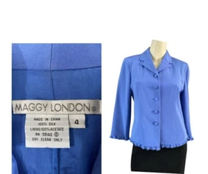 Maggy London 100% Silk Blazer Ruffle trim detail women’s size 4 blue - Picture 1 of 12