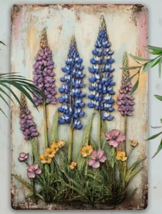 METALLKUNST - Lupine Blumendekor, blau und lila Design - 12x8" - Bild 1 von 4