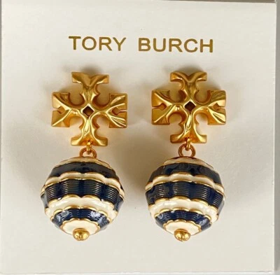 Auténticos NUEVO Tory Burch Azul Marino Nuevos Pendientes Roxanne Pequeños a Rayas con Tarjeta/Bolsa $168 Foto 1 de 4