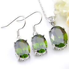 Oval Bright Olive Peridot Silver Dangle Earrings Pendant Necklace Jewelry Sets