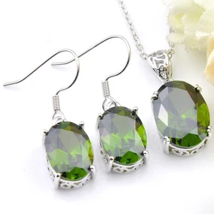 Oval Bright Olive Peridot Silver Dangle Earrings Pendant Necklace Jewelry Sets - Picture 1 of 8