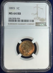 1893 Indian Cent NGC MS 64 RB - Foto 1 di 2