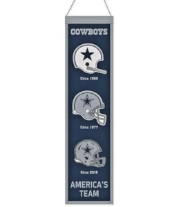 DALLAS COWBOYS EVOLUTIONS BANNER EMBROIDERED WOOL 8"X32" W/ HANGING ROPE - Picture 1 of 1