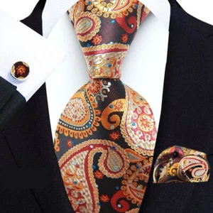 Classic Paisley Red Brown Jacquard Silk Men's Tie Necktie Hanky Cufflink Set - Picture 1 of 6