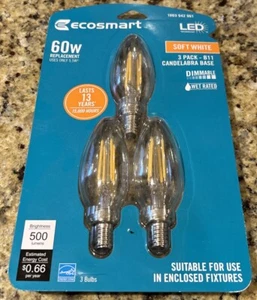 ECOSMART 60W Replacement’s LED Dimmable Candelabra Base 3 Pack- B11 SOFT WHT - Picture 1 of 2