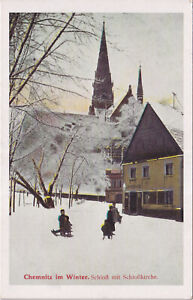 Stara pocztówka - Chemnitz w zimie. Zamek z kościołem zamkowym - reprodukcja