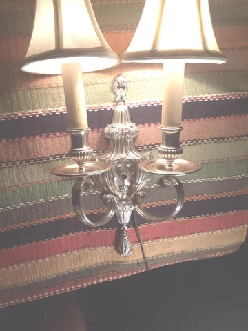 VINTAGE NICKEL on BRASS DOUBLE CANDLE LIGHT 20"T with SHADES ORNATE WALL SCONCE Cover