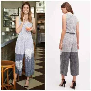 RANNA GILL Anthropologie Jumpsuit weiß schwarz Streifen bestickt Lotus Crop L - Bild 1 von 6