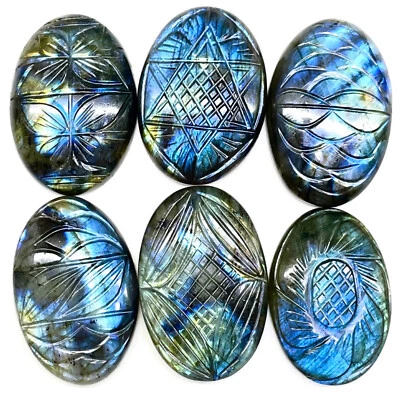 6 Pcs Natural Labradorite 35-39mm Oval Carved Flashy Loose Gemstones Lot 365 Cts - Image 1 of 4