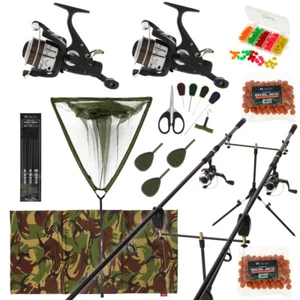 Full Carp Fishing Set Up Complete With 2 Rods Reels Alarms Landing Net Tackle - Picture 1 of 8