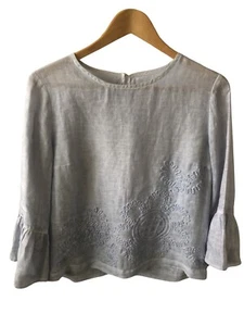 120% LINO Blouse 40 FR / 8 US Sky Blue Embroidered Linen Top New W/o Tags - Picture 1 of 8