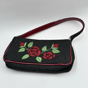 Isabella Fiore Black Shoulder Handbag Micro Mini Clutch With Beaded Rose Purse - Picture 1 of 17