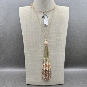 White House Black Market Tassel Necklace Gold Tone Beaded Chain Statement NWT - Picture 1 of 8