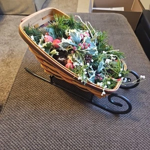 1997 LONGABERGER SLANTED BASKET 13x9" &thick Metal Sleigh Base FLORAL 16x9x7" - Picture 1 of 16