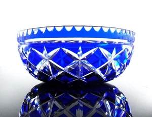 ANCIENNE GRAND COUPE SALADIER CRISTAL TAILLE DOUBLE COULEUR BLEU COBALT NANCY - Picture 1 of 24
