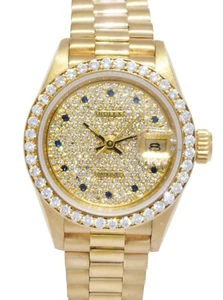 Rolex Datejust 18k Yellow Gold Pave Diamond/Sapphire Ladies 26mm Watch B/P 69138 - Picture 1 of 13