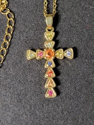 Natural Multicolor Sapphire Cross 925 Sterling Silver Pendant Necklace17.5" 0682 - Image 1 of 4
