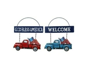 Patriotic Metal Vintage Farm Truck Welcome or God Bless America Door Wall Plaque - Picture 1 of 6
