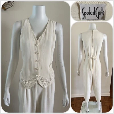 1990s Spoiled Girls Tuxedo Vest Jumpsuit Soutache Romper Crinkle Rayon 90210 VTG - Image 1 of 4