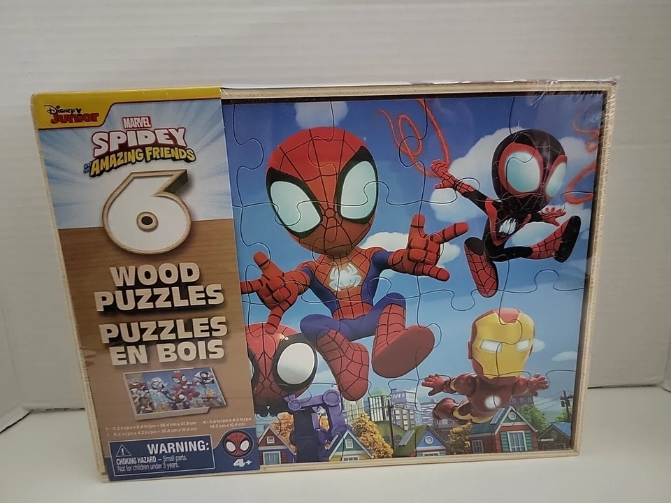 Disney Junior 6 Wood Puzzles Spidey & Friends Built In Storage Box