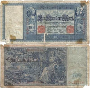 1910 DEUTSCHES REICH zerlumpter Veteran ""100 MARK"" Notiz ""SUPERGRÖSSE"" HALTER ENTHALTEN - Bild 1 von 3