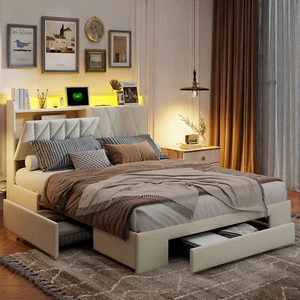 Doppelbett 140x200cm Polsterbett Stauraumbett Bettgestell mit USB LED Steckdosen - Bild 1 von 9