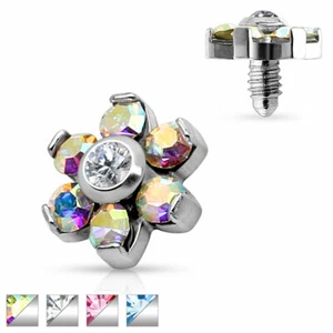 CZ Flower Gem Dermal Anchor Top Internally Thread Screw Rings Studs Piercings - Picture 1 of 5