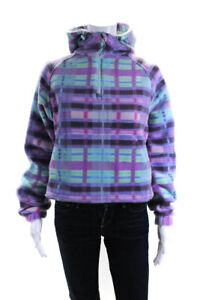 Outdoor Voices Womens Fleece Plaid Half Zipped Drawstring Hoodie Purple Size XS