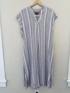 Jones New York Womens Striped Midi Dress Size 14 Linen Blend V Neck Modest - Picture 1 of 10
